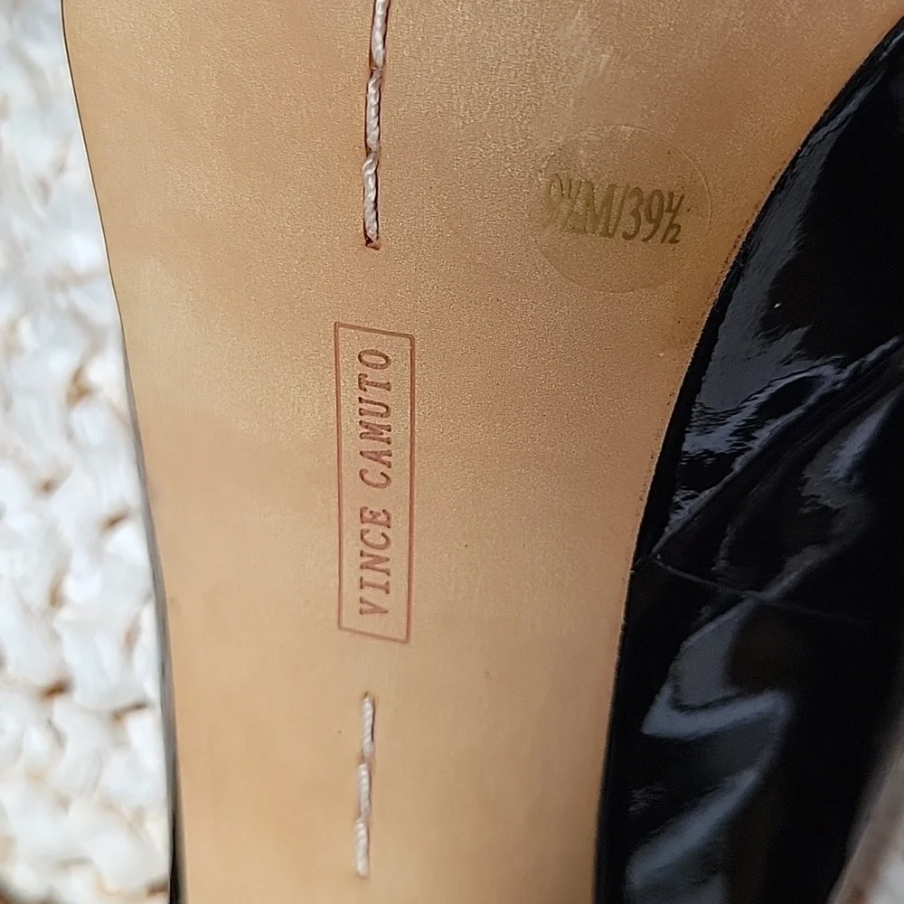 Vince Camuto Lavina black patent leather, platform, stilleto, peep toe heels 9.5